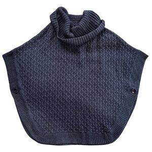 Poncho Cowl Neck Sweater Dark Blue Cable Knit Cabincore Cozy Size Medium